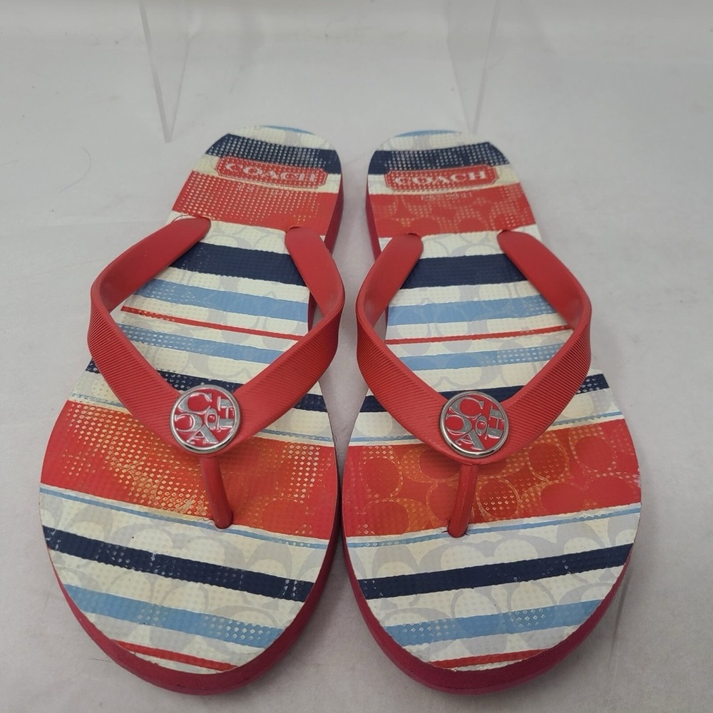 Coach Alessa Striped Flip Flops with Logo Emblem – Women’s 7–8